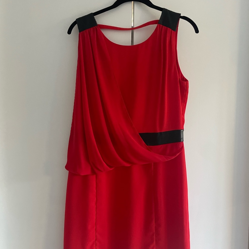 C. Luce Red Asymmetrical Dress with Black Accents